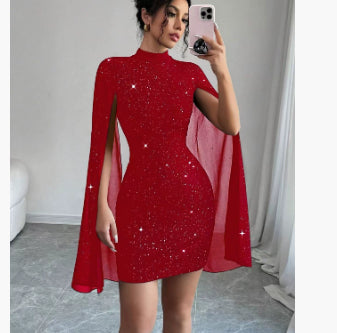 Robe de Soirée Femme – Élégante, Sexy, Col Rond et Cape en Chiffon