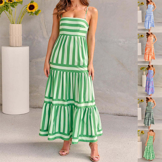 Robe d'Été Rayée Dos Nu à Bretelles avec Poches – Idéale Vacances Plage