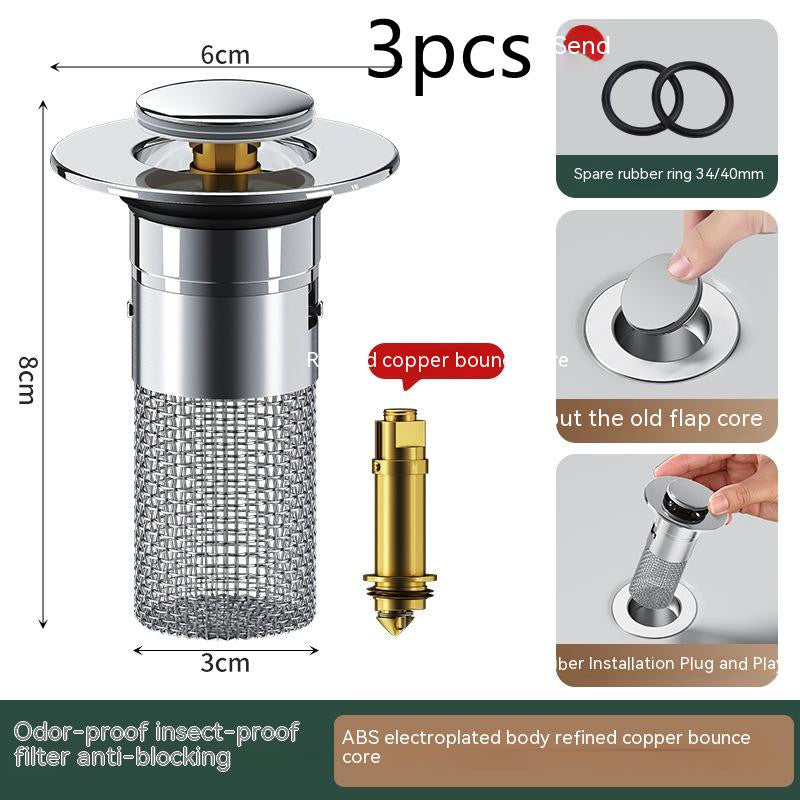 Nouveau filet filtrant anti-blocage Égoutteur de noyau de rebond de lavabo de type poussoir Bouchon de fuite de lavabo Déodorant