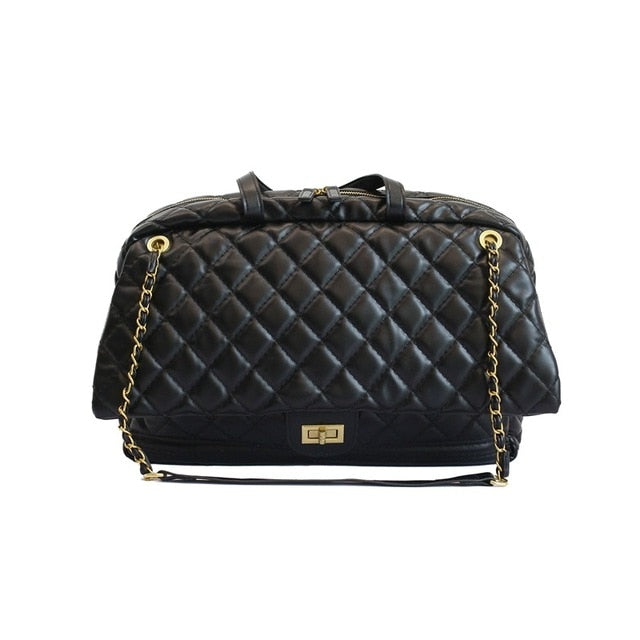 Sac de voyage en cuir en treillis, noir, élégant, pour femme, avec chaîne, accessoires de mode.