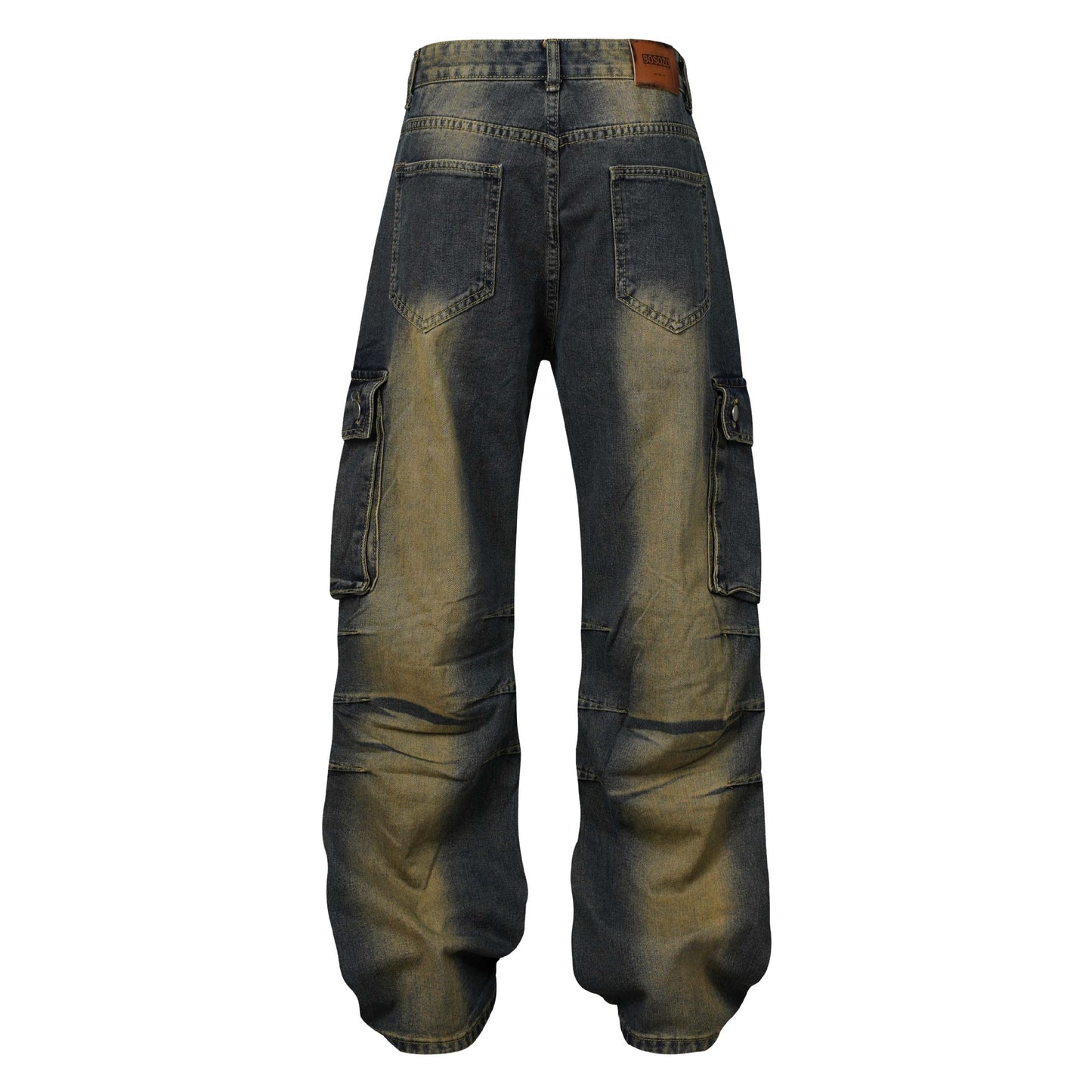 Salopette en denim multi-poches plissée en détresse délavée High Street American