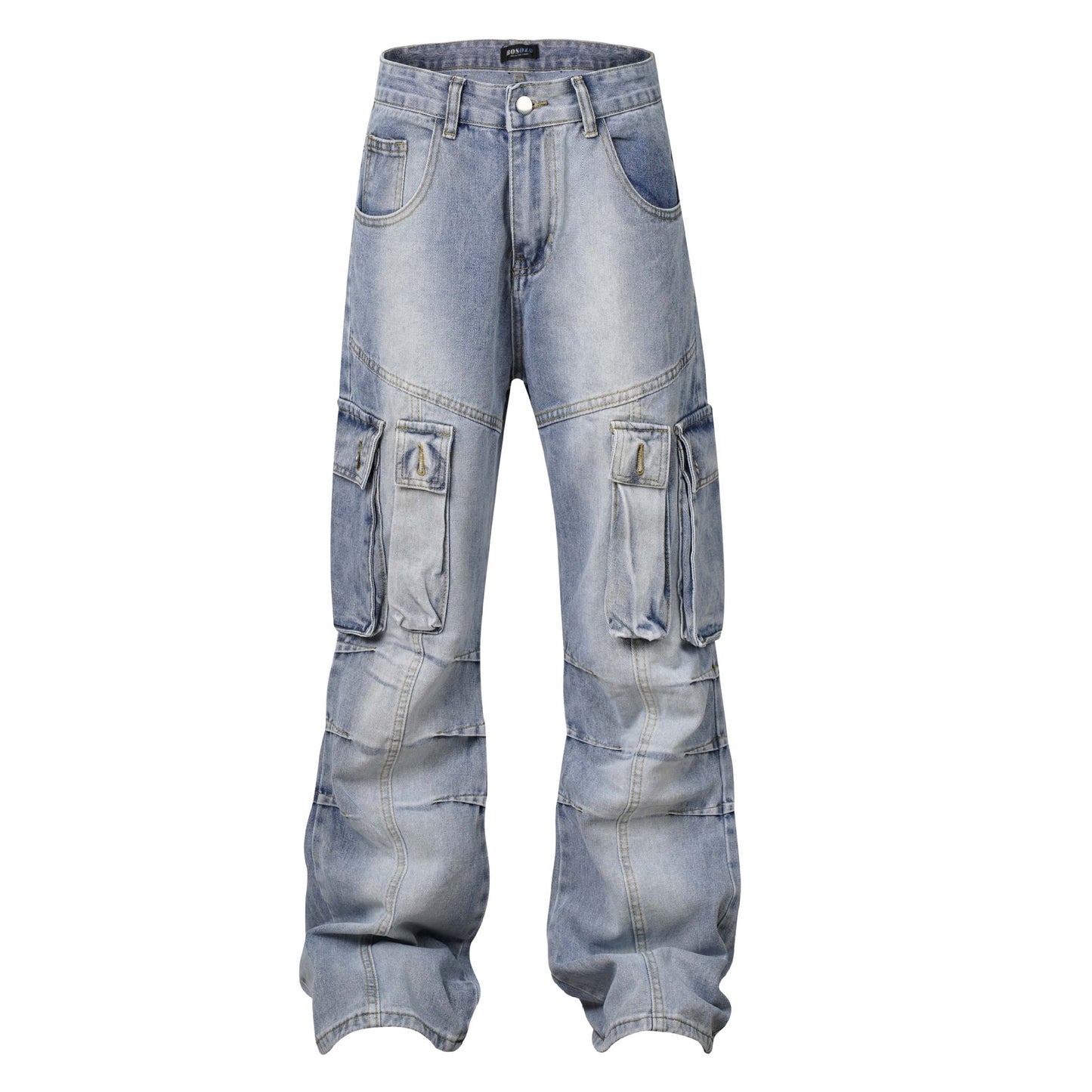 Salopette en denim multi-poches plissée en détresse délavée High Street American