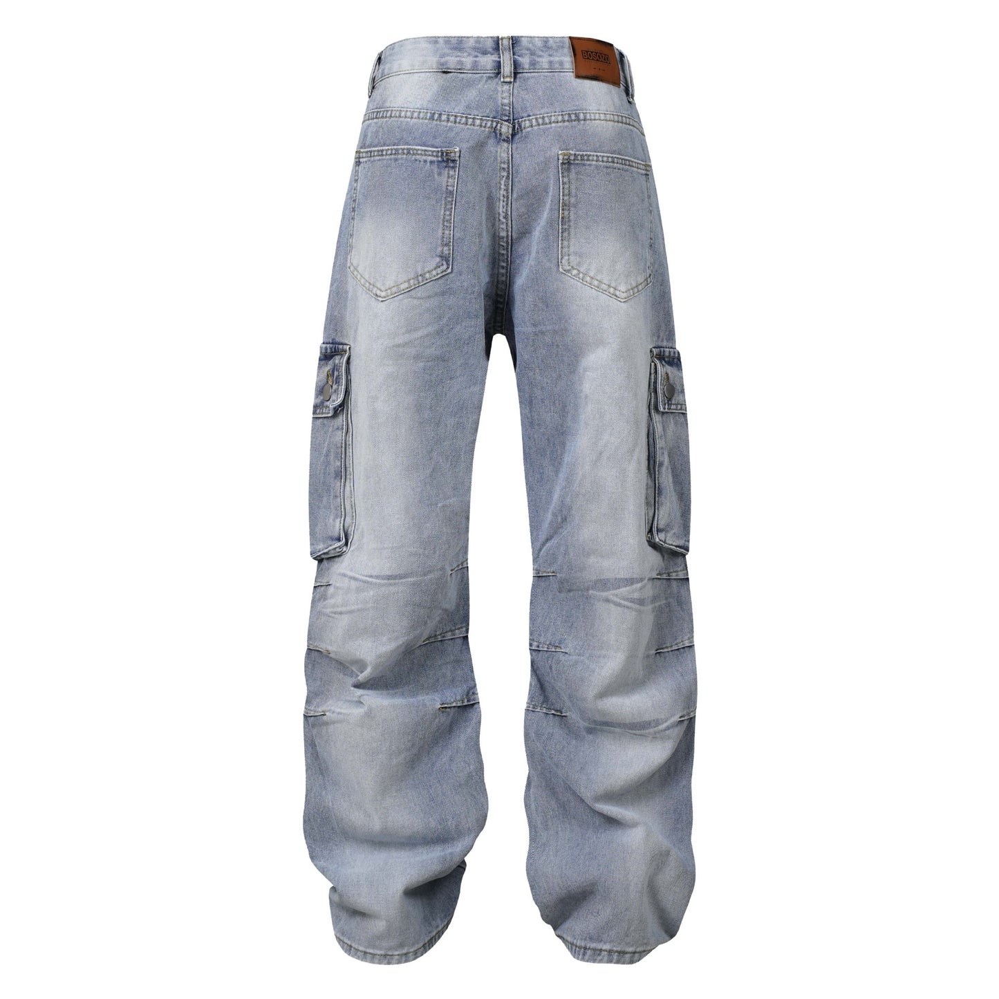 Salopette en denim multi-poches plissée en détresse délavée High Street American