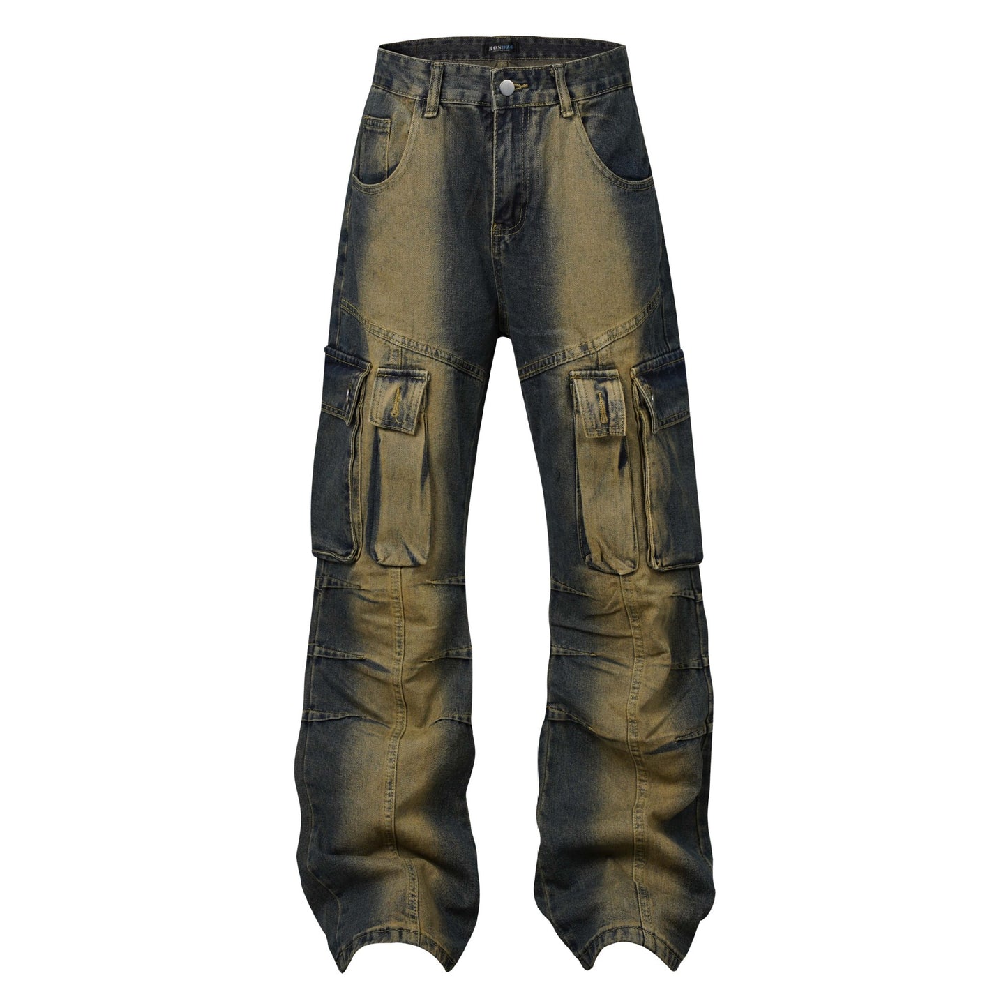 Salopette en denim multi-poches plissée en détresse délavée High Street American