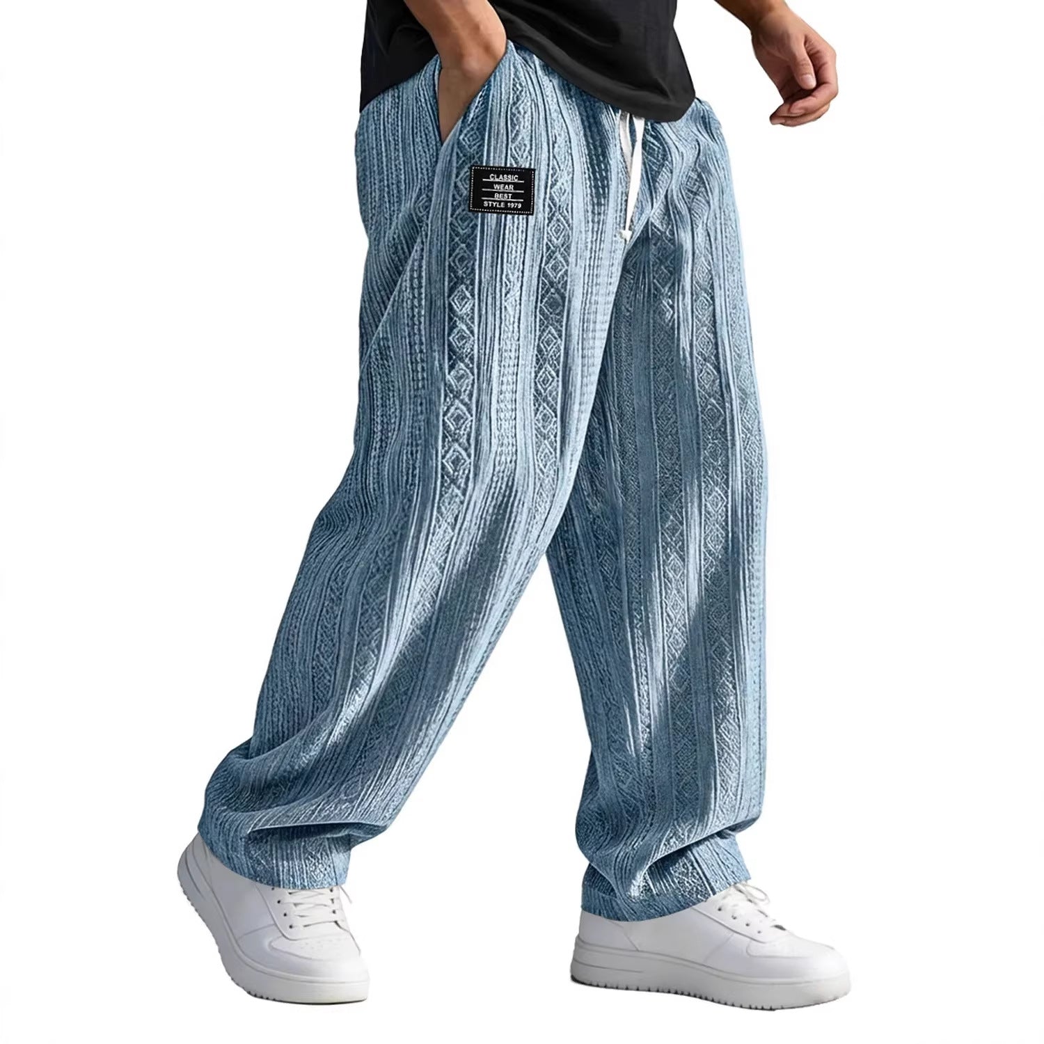 Pantalons décontractés d'été avec lacets en denim bleu, style décontracté, avec poches et taille à cordon.