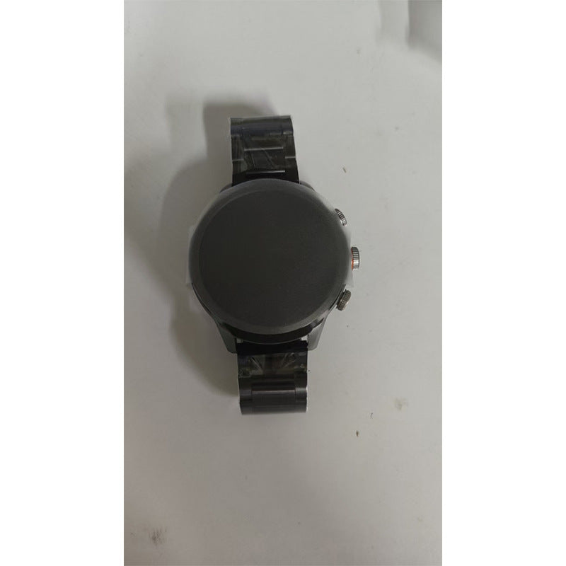 Montre connectée écran rond vue de dessus avec bracelet en métal noir.