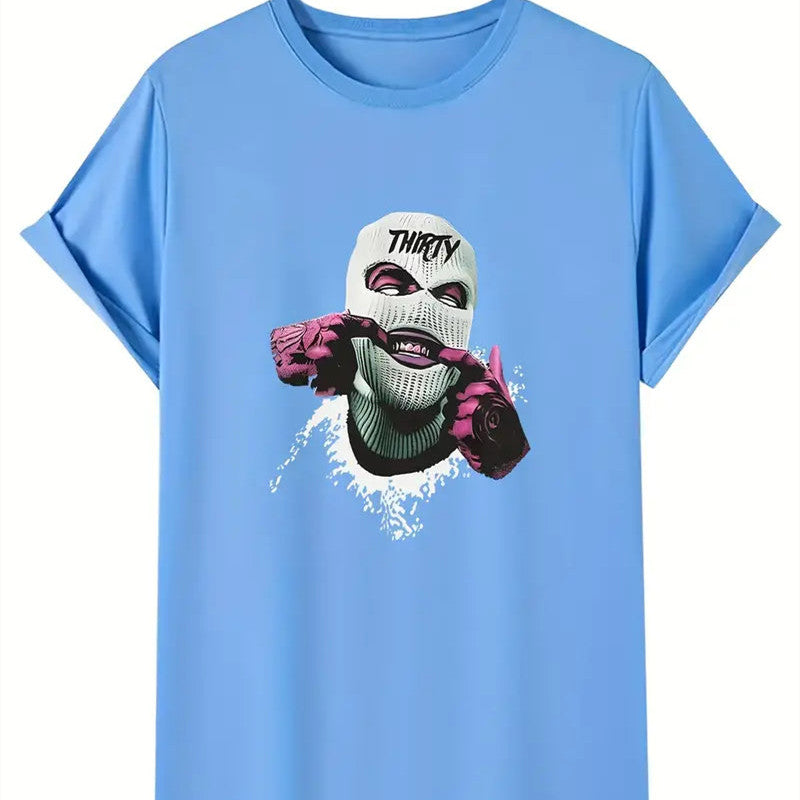 T-shirt en coton col rond à manches courtes de couleur bleu avec un motif graphique original.