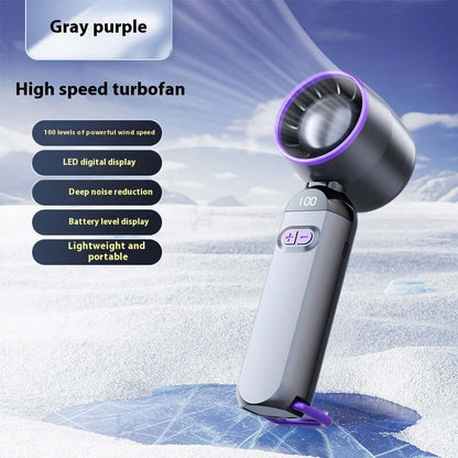 Gray purple portable turbofan with digital display, 100 wind speed levels, lightweight, and battery level indicator.