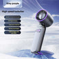 Gray purple portable turbofan with digital display, 100 wind speed levels, lightweight, and battery level indicator.