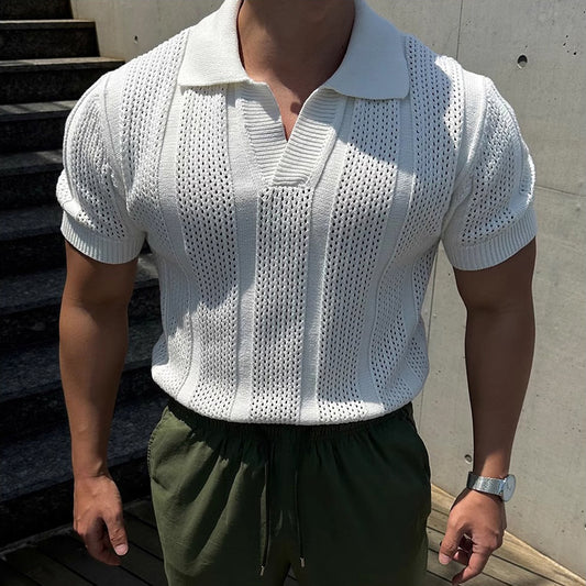 Men's Hollowed-Out Ice Silk Polo Shirt With Lapel Collar