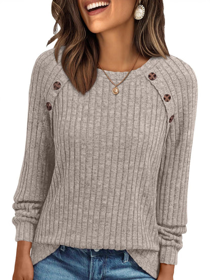 Round Neck Sunken Stripe Brushed Solid Color Top Long Sleeve