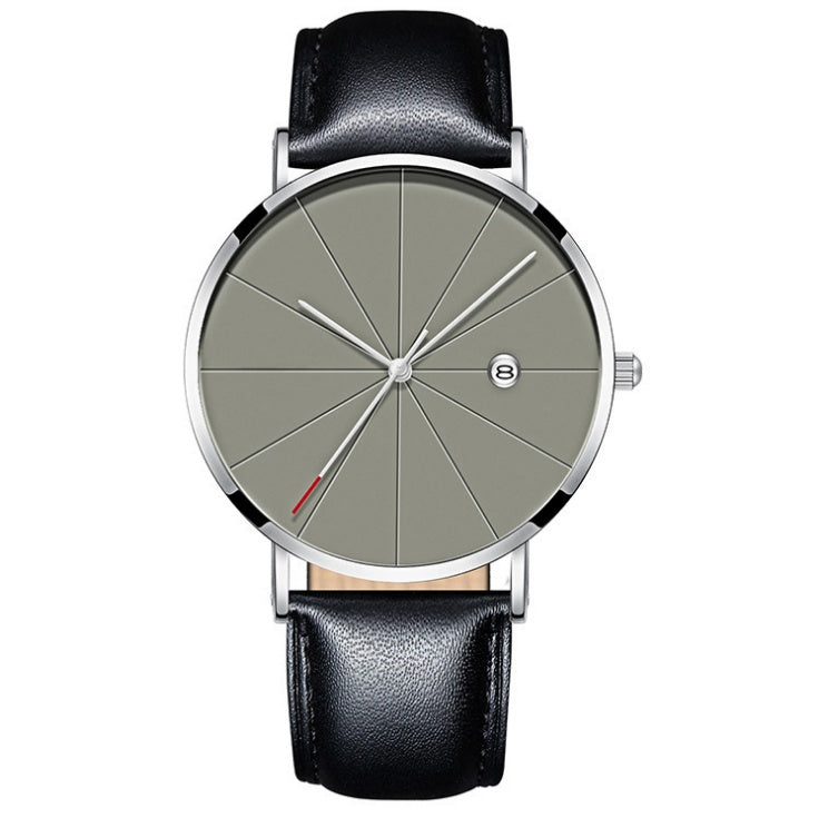 Montre masculine étanche quartz créative avec cadran modern et bracelet en cuir noir.