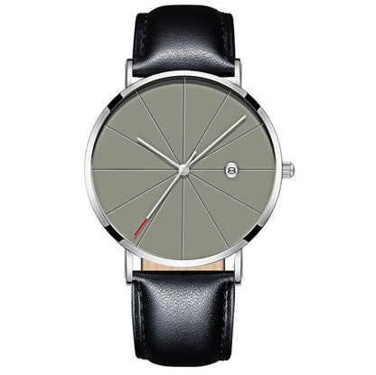 Montre masculine étanche quartz créative avec cadran modern et bracelet en cuir noir.