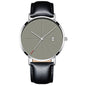 Montre masculine étanche quartz créative avec cadran modern et bracelet en cuir noir.