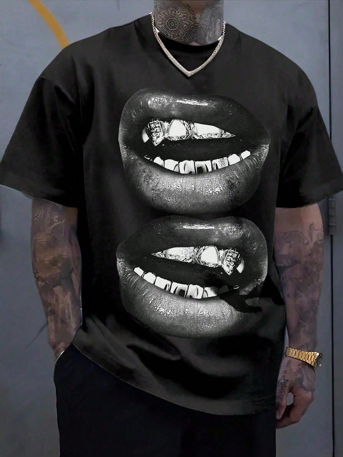 t-shirt hip-hop couple tendance avec motif de bouches sur fond noir, style décontracté et tendance urbaine