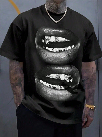 t-shirt hip-hop couple tendance avec motif de bouches sur fond noir, style décontracté et tendance urbaine