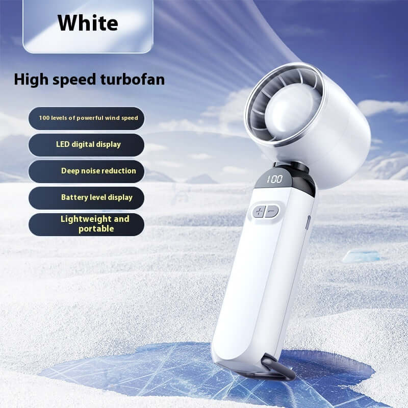Portable white mini fan with digital display, 100 wind speed levels, lightweight for easy carrying.