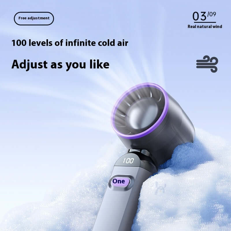 Mini portable turbine fan with 100 levels of cold air adjustment for personalized cooling.