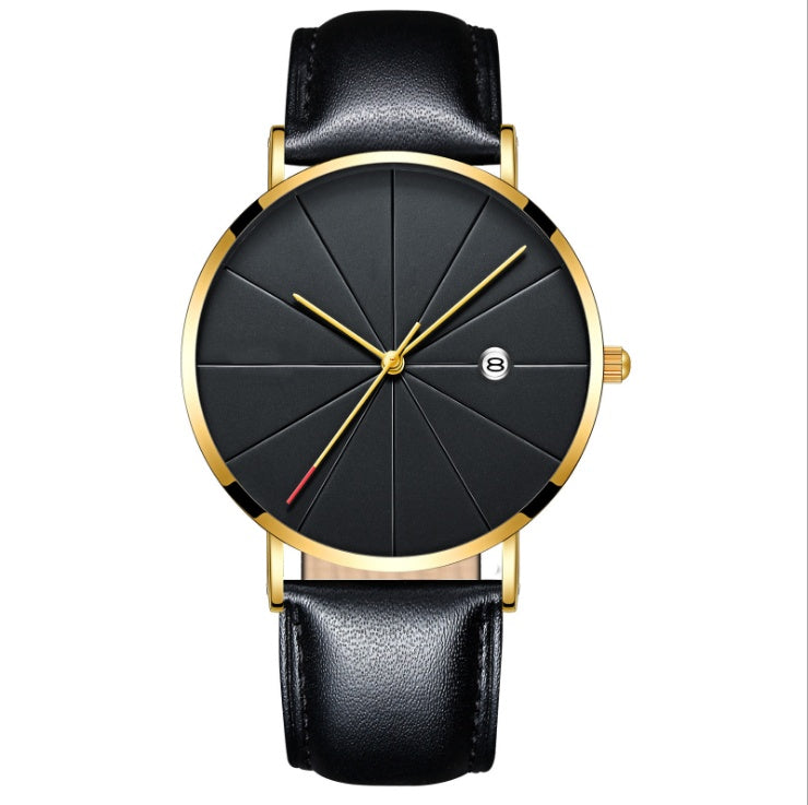 montre masculine étanche quartz créative avec boîtier doré et bracelet en cuir noir.