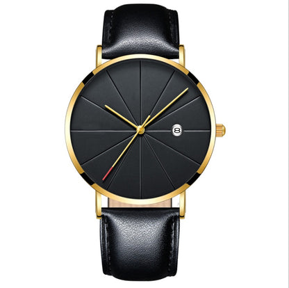 montre masculine étanche quartz créative avec boîtier doré et bracelet en cuir noir.