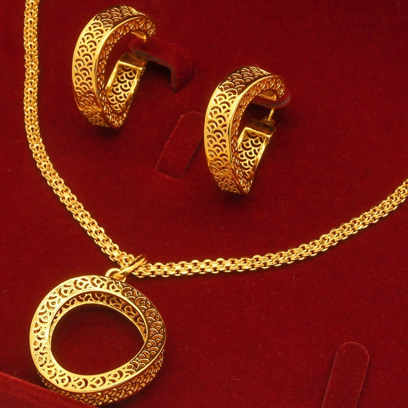 24K Gold Plated Two Pieces Copper Jewelry Suit Geometric Necklace Earrings