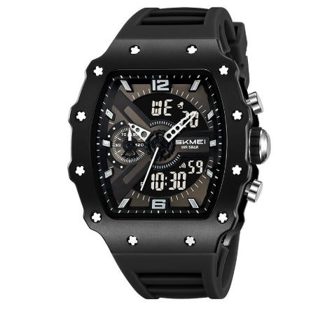 Montre multifonctionnelle homme affichage double en noir avec cadran sport, affichage numérique et fonction chronographe.
