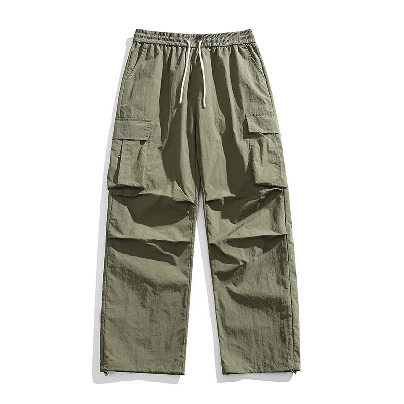pantalons d'été en soie glacée pour hommes couleur vert armée avec poches multiples