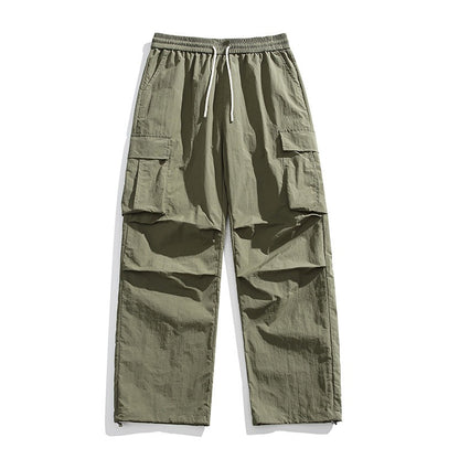 pantalons d'été en soie glacée pour hommes couleur vert armée avec poches multiples