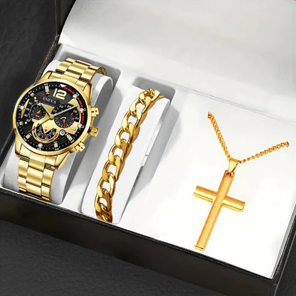 set de bracelet croix et montre pour homme en or avec bracelet et collier