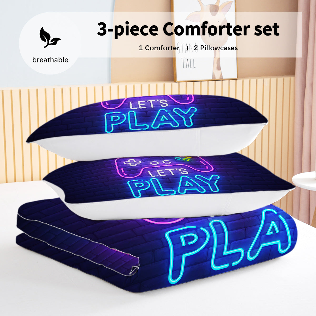 Housse de Couette 3 Pièces Néon Gaming Ultra Douce