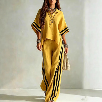 ensemble femme shirt manches courtes et pantalon large en jaune avec rayures élégantes.