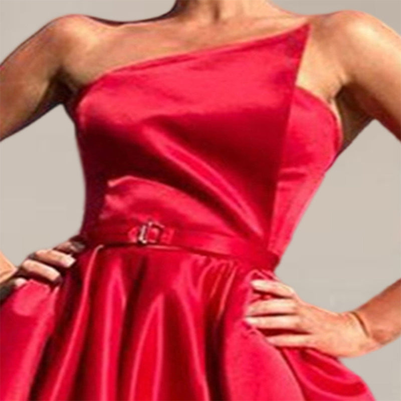 Women's Solid Color Strapless Evening Gown, High Slit Ruched Bust And Flared Skirt For Banquet & Formal Events