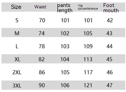Table des tailles pour les jeans gothiques décontractés pour hommes, incluant les mesures de taille, longueur, circonférence et pieds.