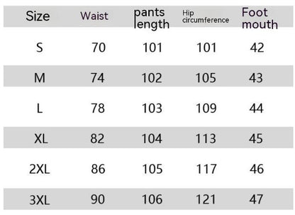 Table des tailles pour les jeans gothiques décontractés pour hommes, incluant les mesures de taille, longueur, circonférence et pieds.