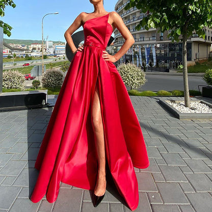 Women's Solid Color Strapless Evening Gown, High Slit Ruched Bust And Flared Skirt For Banquet & Formal Events