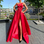 Women's Solid Color Strapless Evening Gown, High Slit Ruched Bust And Flared Skirt For Banquet & Formal Events