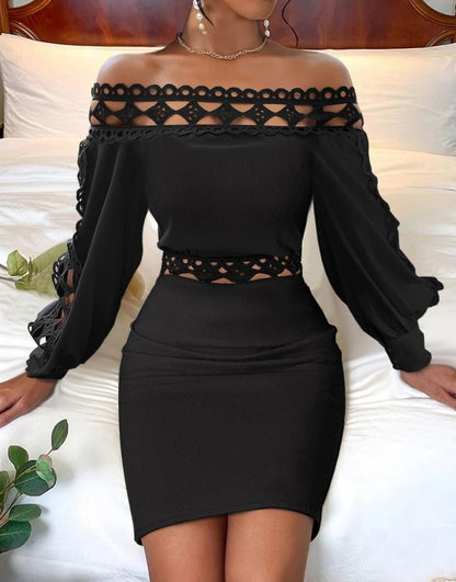 Lace Long Sleeve Narrow Waist Dress Women's Clothing