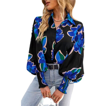 Women's Fashion Printed Long Sleeve Lapel Bishop Sleeves Top