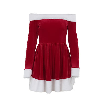 Costume de Noël pour femmes, robe de noël | en peluche | col de bateau | manches à épaules dénuées | costume de cosplay de fête du Nouvel An