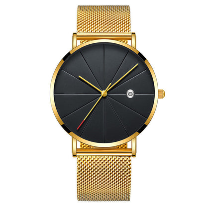 Montre masculine étanche quartz créative avec un design moderne en acier inoxydable et bracelet en maille argentée.