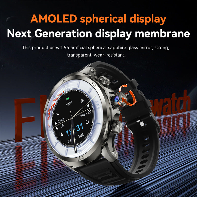 Montre connectée écran rond avec affichage AMOLED sphérique, design futuriste et résistant.