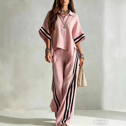ensemble femme shirt manches courtes et pantalon large en rose avec des rayures noires