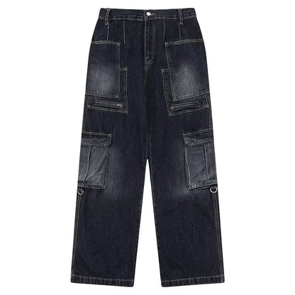 High Street Three-dimensional Multi-pocket Design Straight Jeans