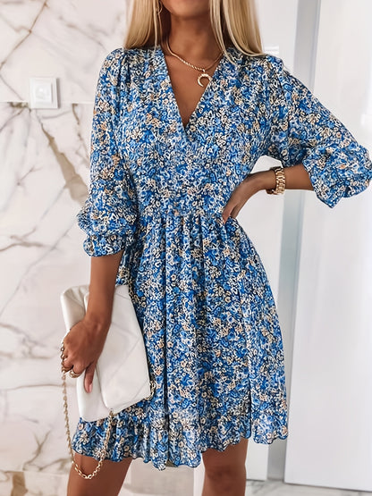Robe imprimée à col en V avec manches et taille à volants