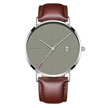 Montre masculine étanche quartz créative avec boîtier en acier inoxydable et bracelet en cuir marron.