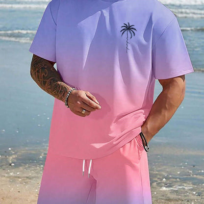 t-shirt homme rapide séchage ensemble en dégradé rose et violet avec motif palmier sur la plage