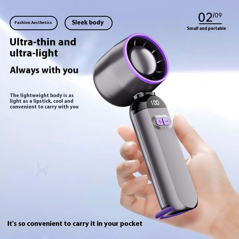 Mini portable fan with sleek design, ultra-thin and lightweight for easy carry, perfect for on-the-go cooling.