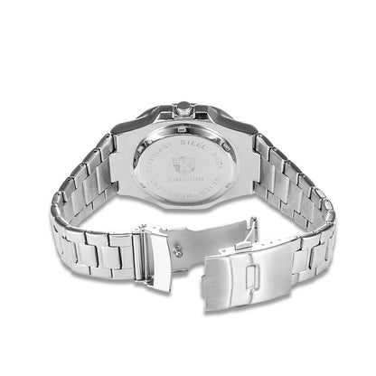 Montre homme étanche en acier inoxydable vue arrière avec bracelet en acier et fermoir papillon.
