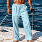 Independent Site European And American Men's Linen Mid-Waist Solid Color With Drawstring