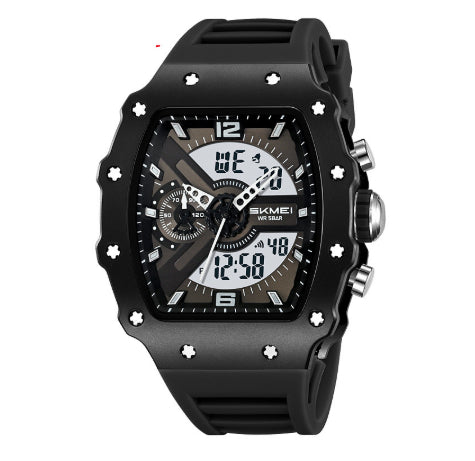 montre multifonctionnelle homme affichage double avec un boîtier en forme de baril et un bracelet noir.